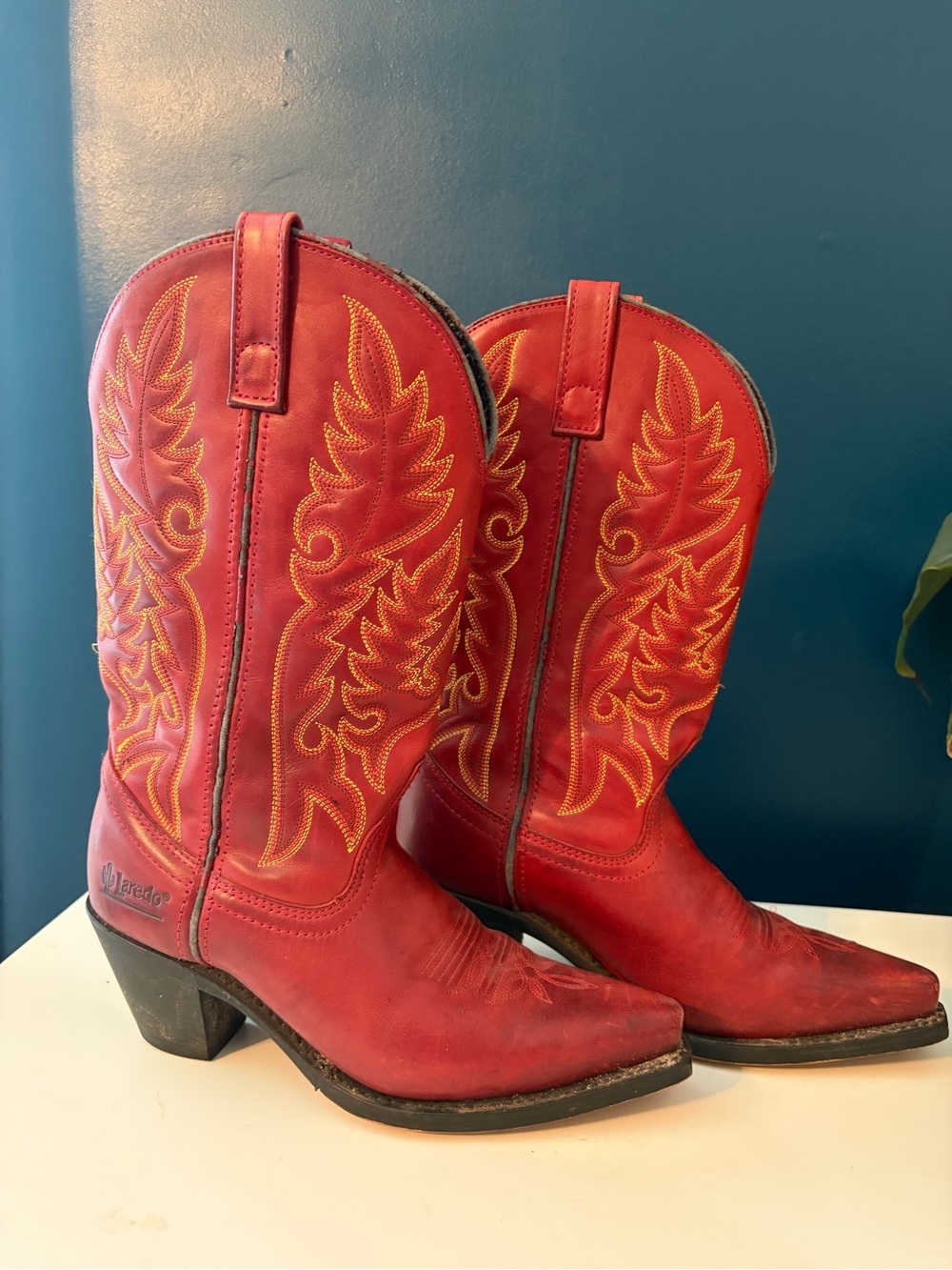 Red Laredo Western Cowboy Boots with Yellow Stitching - Women